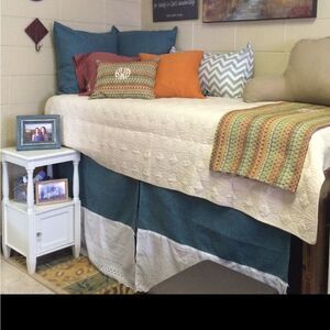 Teal and White Bed Skirt for lofted dorm bed.